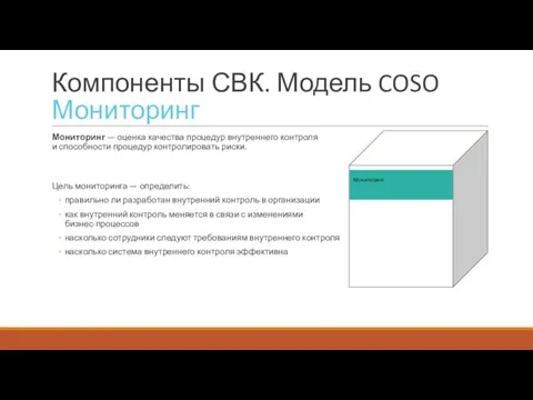 Компоненты СВК. Модель COSO Мониторинг Мониторинг — оценка качества процедур