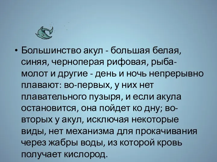 Большинство акул - большая белая, синяя, черноперая рифовая, рыба-молот и