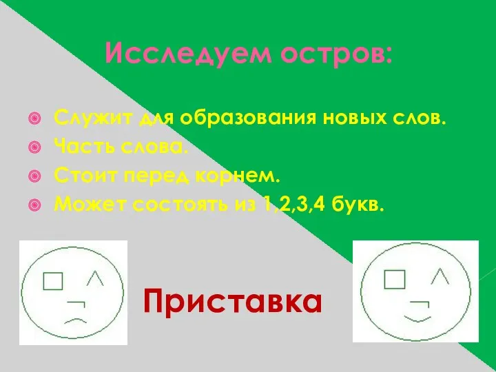 Исследуем остров: Служит для образования новых слов. Часть слова. Стоит