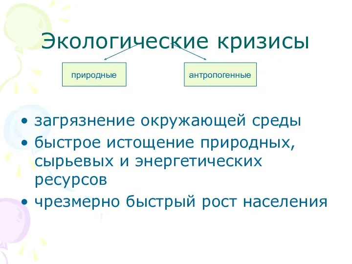 Экологические кризисы загрязнение окружающей среды быстрое истощение природных, сырьевых и