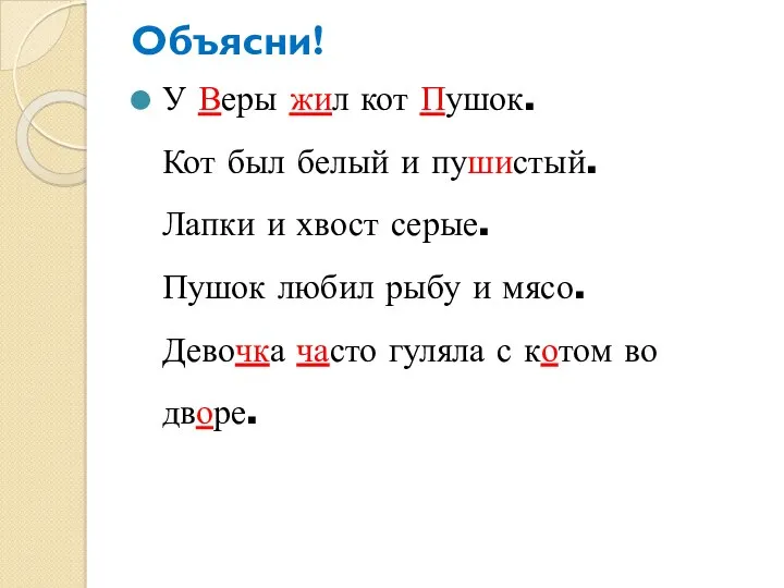 Объясни! У Веры жил кот Пушок. Кот был белый и