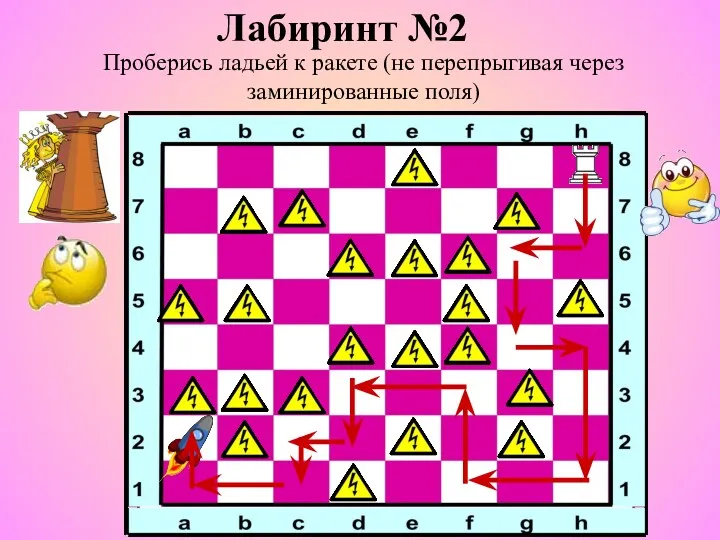 Лабиринт №2 Проберись ладьей к ракете (не перепрыгивая через заминированные поля)