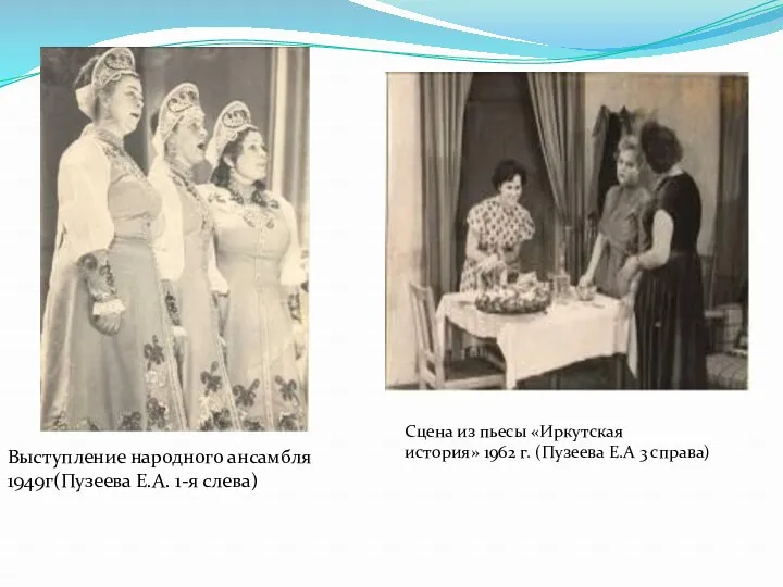Сцена из пьесы «Иркутская история» 1962 г. (Пузеева Е.А 3 справа) Выступление народного