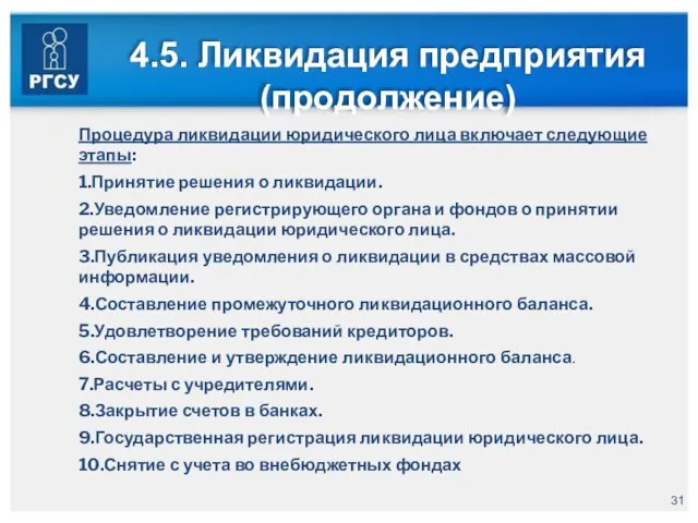 4.5. Ликвидация предприятия (продолжение) Процедура ликвидации юридического лица включает следующие