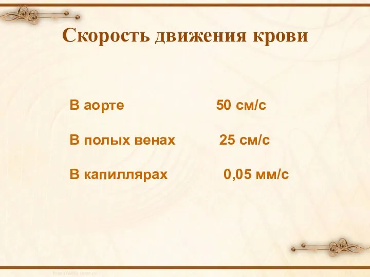 Скорость движения крови В аорте 50 см/с В полых венах 25 см/с В капиллярах 0,05 мм/с