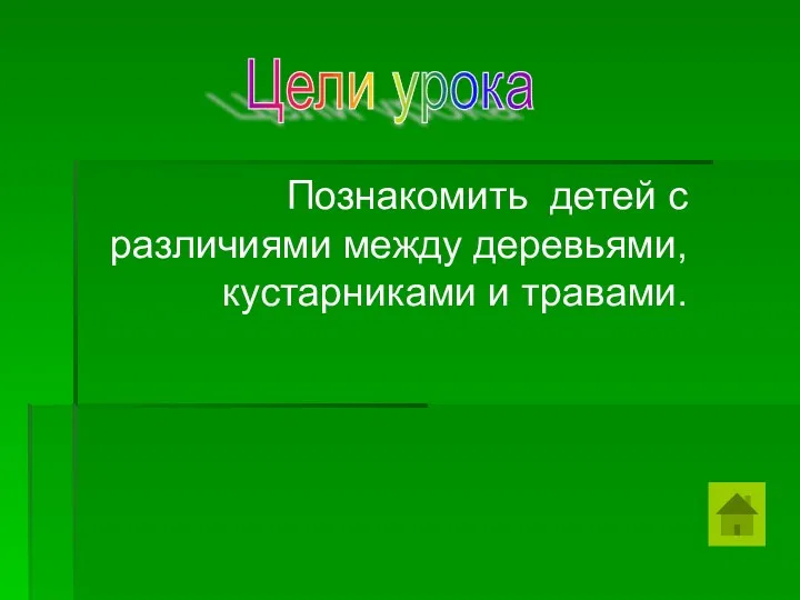 Цели урока Познакомить детей с различиями между деревьями, кустарниками и травами.