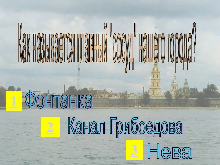 Как называется главный "сосуд" нашего города? Фонтанка Канал Грибоедова Нева 1 2 3