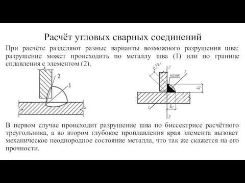 Расчёт угловых сварных соединений При расчёте разделяют разные варианты возможного