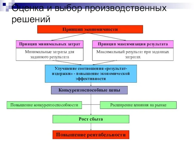 Оценка и выбор производственных решений Принцип экономичности Принцип минимальных затрат