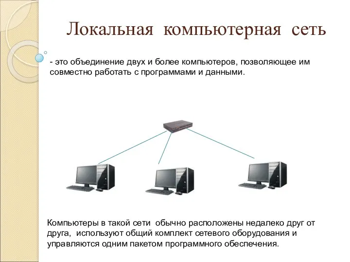 Локальная компьютерная сеть - это объединение двух и более компьютеров,