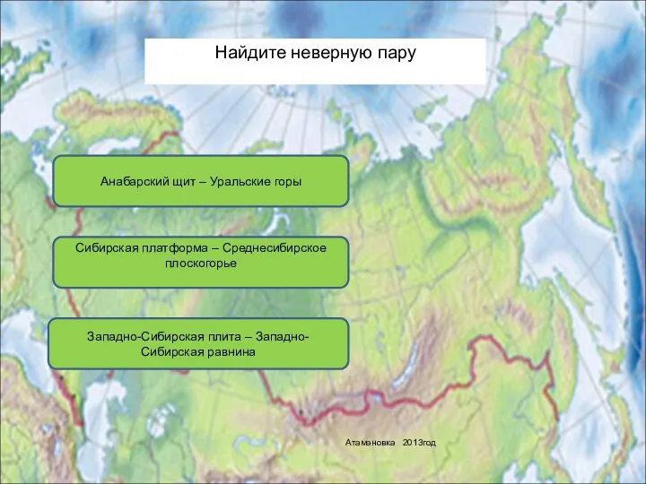 Найдите неверную пару Анабарский щит – Уральские горы Сибирская платформа – Среднесибирское плоскогорье