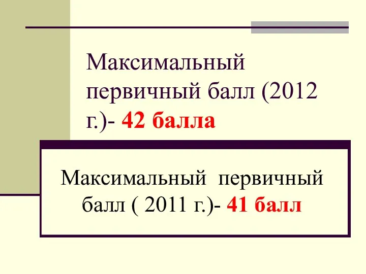 Максимальный первичный балл (2012 г.)- 42 балла Максимальный первичный балл ( 2011 г.)- 41 балл