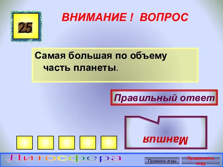 ВНИМАНИЕ ! ВОПРОС Самая большая по объему часть планеты. 25