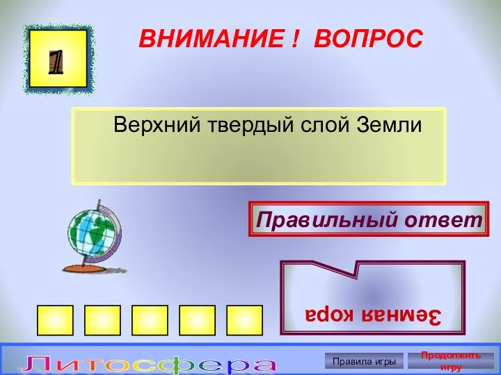 ВНИМАНИЕ ! ВОПРОС Верхний твердый слой Земли 1 Правильный ответ