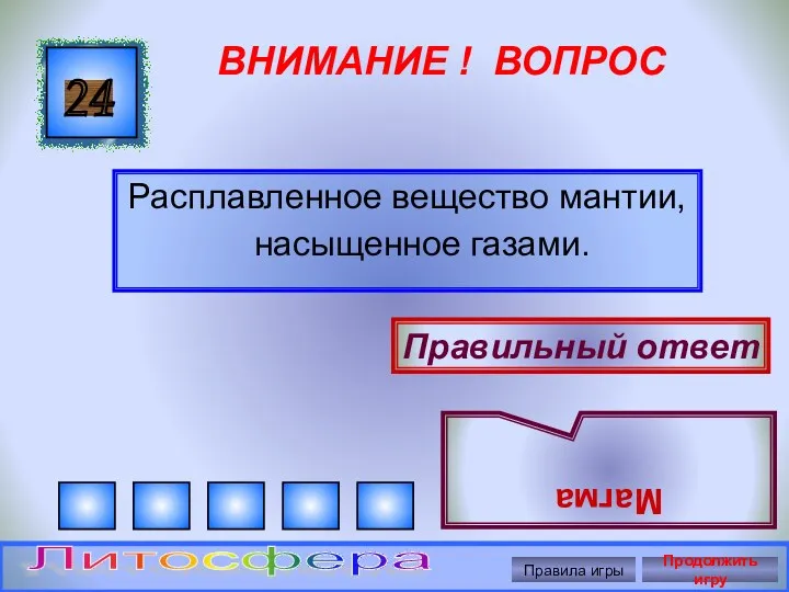 ВНИМАНИЕ ! ВОПРОС Расплавленное вещество мантии, насыщенное газами. 24 Правильный