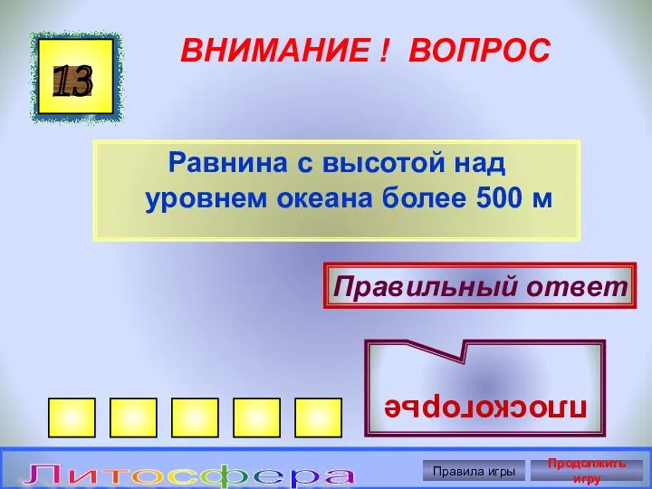 ВНИМАНИЕ ! ВОПРОС Равнина с высотой над уровнем океана более 500 м 13