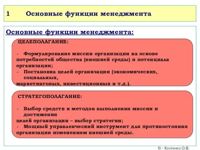 1 Основные функции менеджмента Основные функции менеджмента: ЦЕЛЕПОЛАГАНИЕ: Формулирование миссии