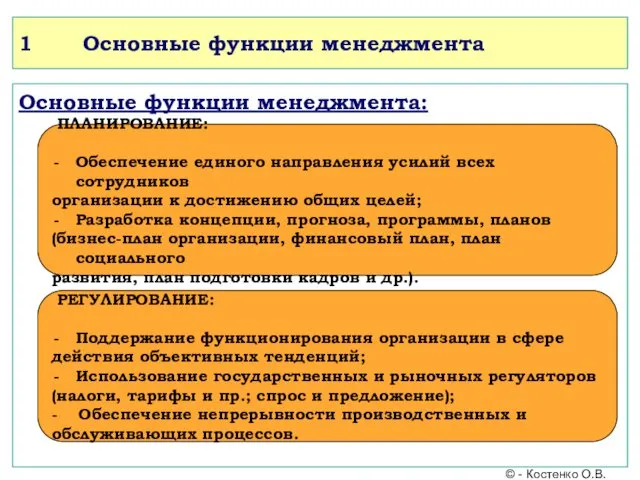 1 Основные функции менеджмента Основные функции менеджмента: ПЛАНИРОВАНИЕ: Обеспечение единого