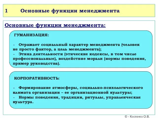 1 Основные функции менеджмента Основные функции менеджмента: ГУМАНИЗАЦИЯ: Отражает социальный