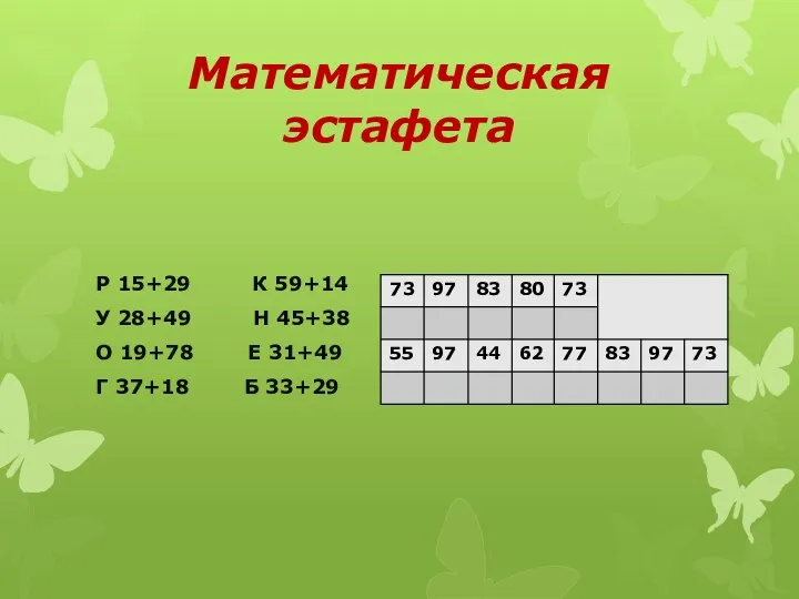 Математическая эстафета Р 15+29 К 59+14 У 28+49 Н 45+38