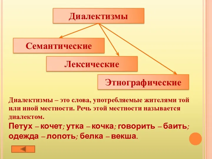 Диалектизмы Семантические Лексические Этнографические Диалектизмы – это слова, употребляемые жителями