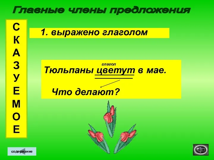 Главные члены предложения С К А З У Е М О Е содержание 1. выражено глаголом