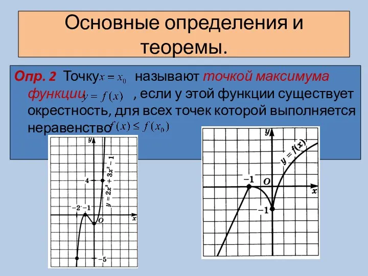 Основные определения и теоремы. Опр. 2 Точку называют точкой максимума