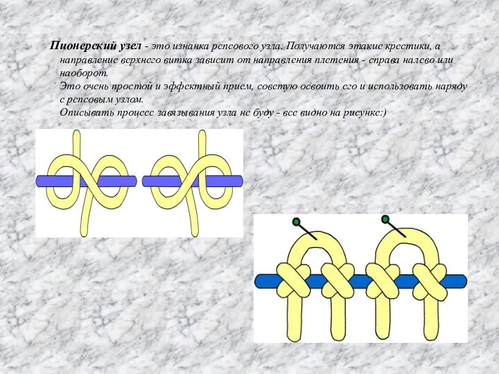 Пионерский узел - это изнанка репсового узла. Получаются этакие крестики,