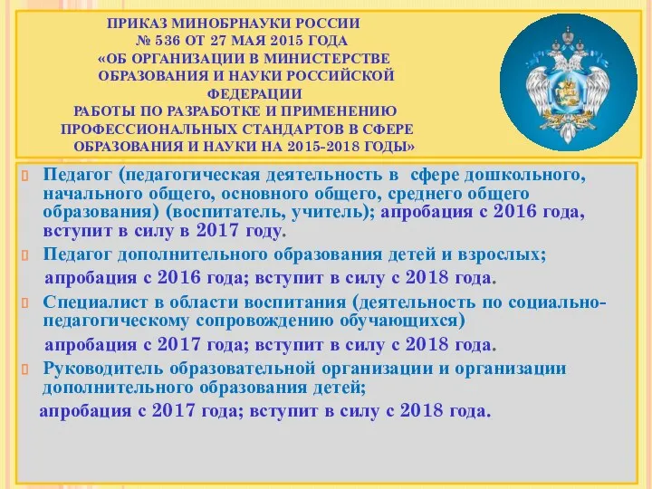 ПРИКАЗ МИНОБРНАУКИ РОССИИ № 536 ОТ 27 МАЯ 2015 ГОДА