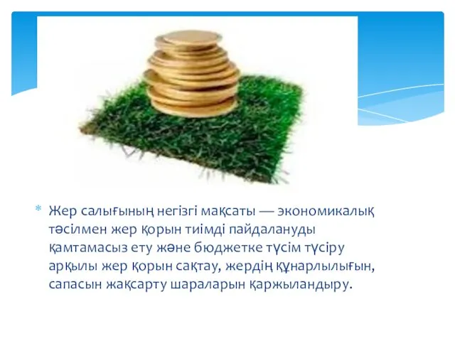 Жер салығының негізгі мақсаты — экономикалық тәсілмен жер қорын тиімді