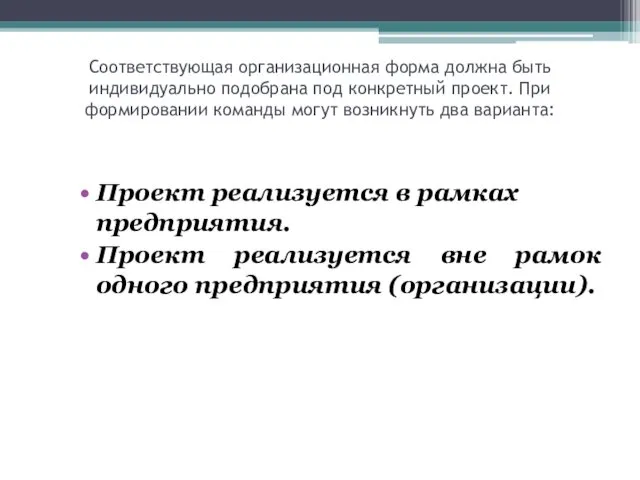 Соответствующая организационная форма должна быть индивидуально подобрана под конкретный проект.