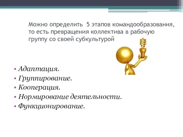 Можно определить 5 этапов командообразования, то есть превращения коллектива в