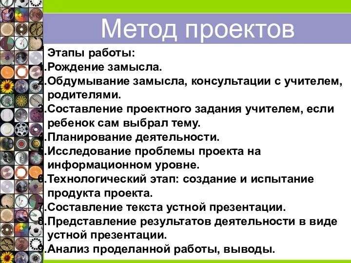 Метод проектов Этапы работы: Рождение замысла. Обдумывание замысла, консультации с