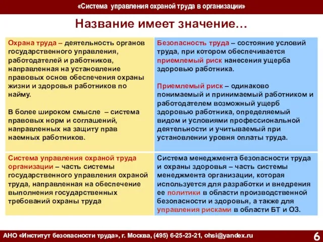 Название имеет значение… «Система управления охраной труда в организации» АНО