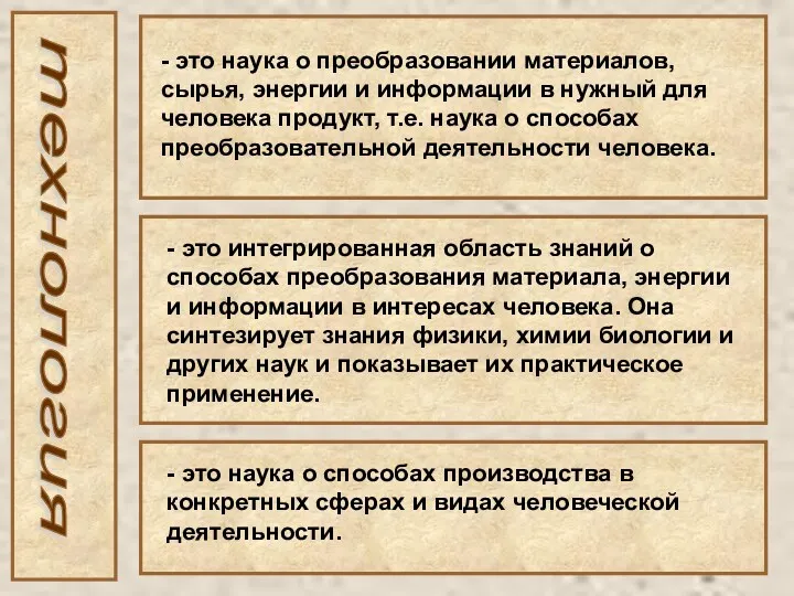 технология - это наука о преобразовании материалов, сырья, энергии и