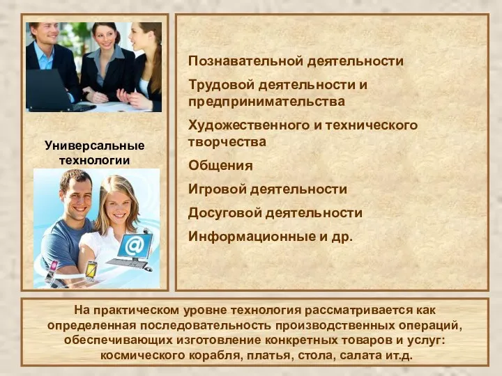 Универсальные технологии Познавательной деятельности Трудовой деятельности и предпринимательства Художественного и технического творчества Общения