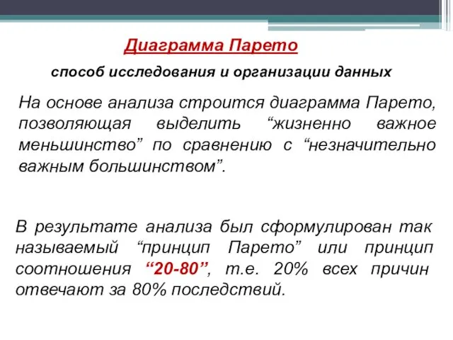 Диаграмма Парето способ исследования и организации данных На основе анализа