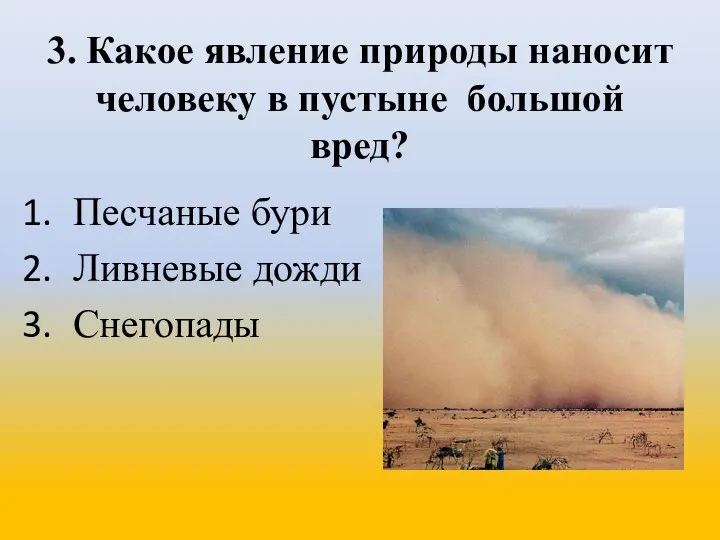 3. Какое явление природы наносит человеку в пустыне большой вред? Песчаные бури Ливневые дожди Снегопады