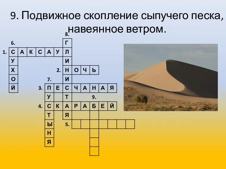 9. Подвижное скопление сыпучего песка, навеянное ветром.