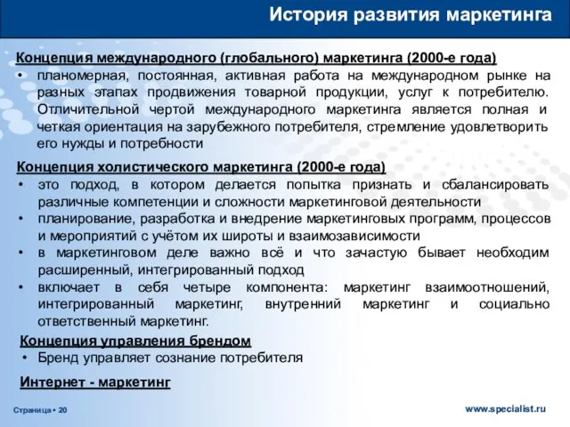 История развития маркетинга Концепция международного (глобального) маркетинга (2000-е года) планомерная,