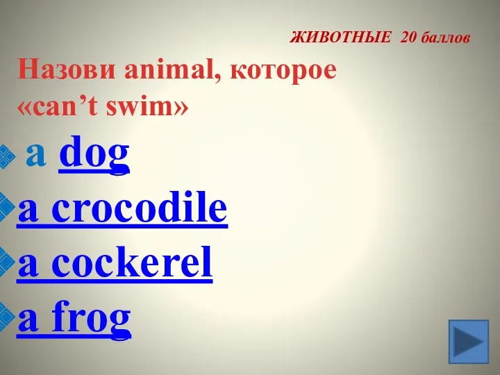 ЖИВОТНЫЕ 20 баллов Назови animal, которое «can’t swim» a dog a crocodile a cockerel a frog