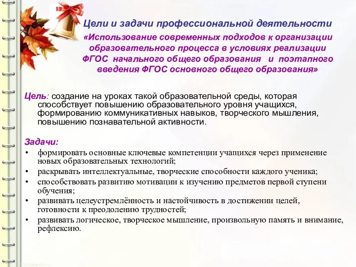 Цели и задачи профессиональной деятельности «Использование современных подходов к организации