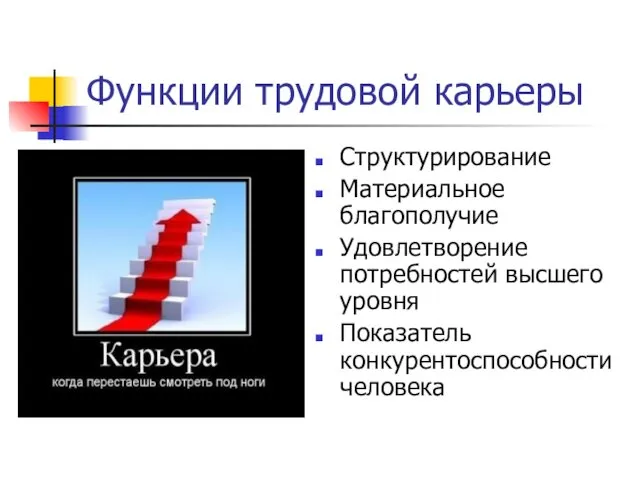 Функции трудовой карьеры Структурирование Материальное благополучие Удовлетворение потребностей высшего уровня Показатель конкурентоспособности человека