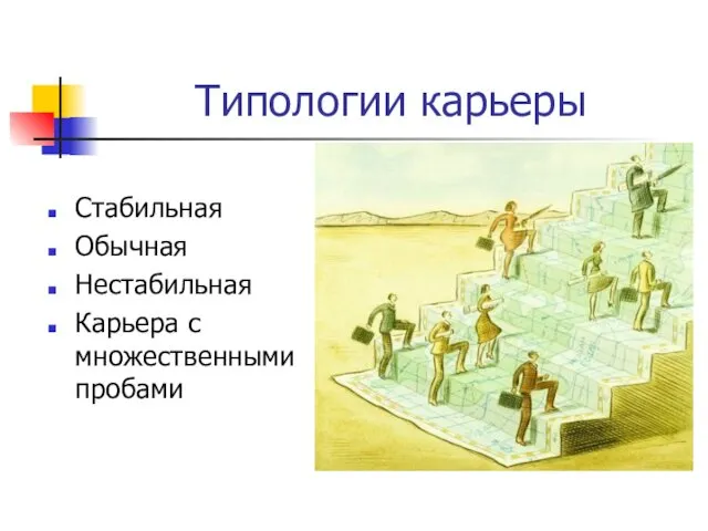 Типологии карьеры Стабильная Обычная Нестабильная Карьера с множественными пробами