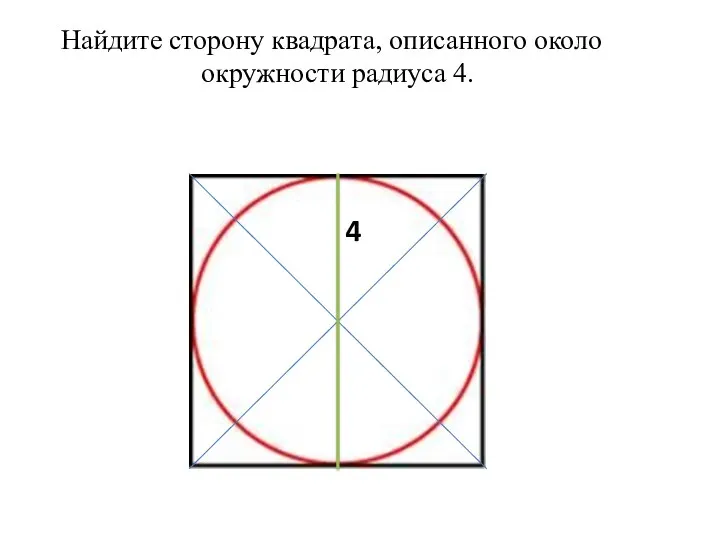 Найдите сторону квадрата, описанного около окружности радиуса 4. 4