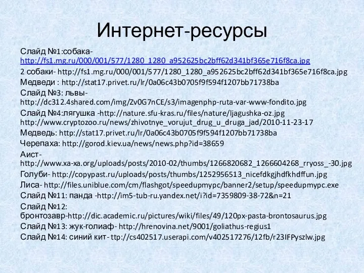 Интернет-ресурсы Слайд №1:собака- http://fs1.mg.ru/000/001/577/1280_1280_a952625bc2bff62d341bf365e716f8ca.jpg 2 собаки- http://fs1.mg.ru/000/001/577/1280_1280_a952625bc2bff62d341bf365e716f8ca.jpg Медведи : http://stat17.privet.ru/lr/0a06c43b0705f9f594f1207bb71738ba