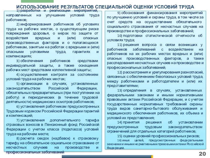 ИСПОЛЬЗОВАНИЕ РЕЗУЛЬТАТОВ СПЕЦИАЛЬНОЙ ОЦЕНКИ УСЛОВИЙ ТРУДА 1) разработки и реализации