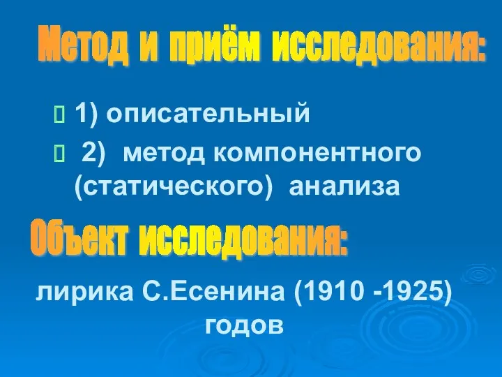 лирика С.Есенина (1910 -1925) годов 1) описательный 2) метод компонентного