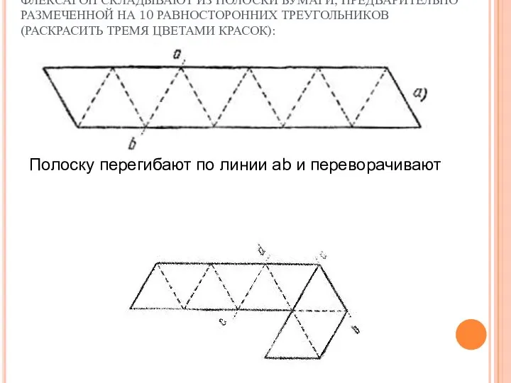 ФЛЕКСАГОН СКЛАДЫВАЮТ ИЗ ПОЛОСКИ БУМАГИ, ПРЕДВАРИТЕЛЬНО РАЗМЕЧЕННОЙ НА 10 РАВНОСТОРОННИХ ТРЕУГОЛЬНИКОВ (РАСКРАСИТЬ ТРЕМЯ