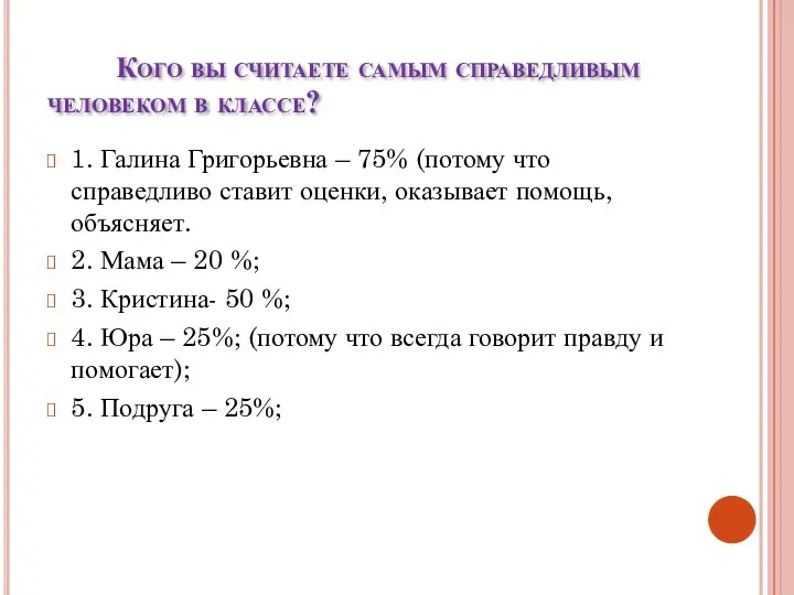 Кого вы считаете самым справедливым человеком в классе? 1. Галина Григорьевна – 75%